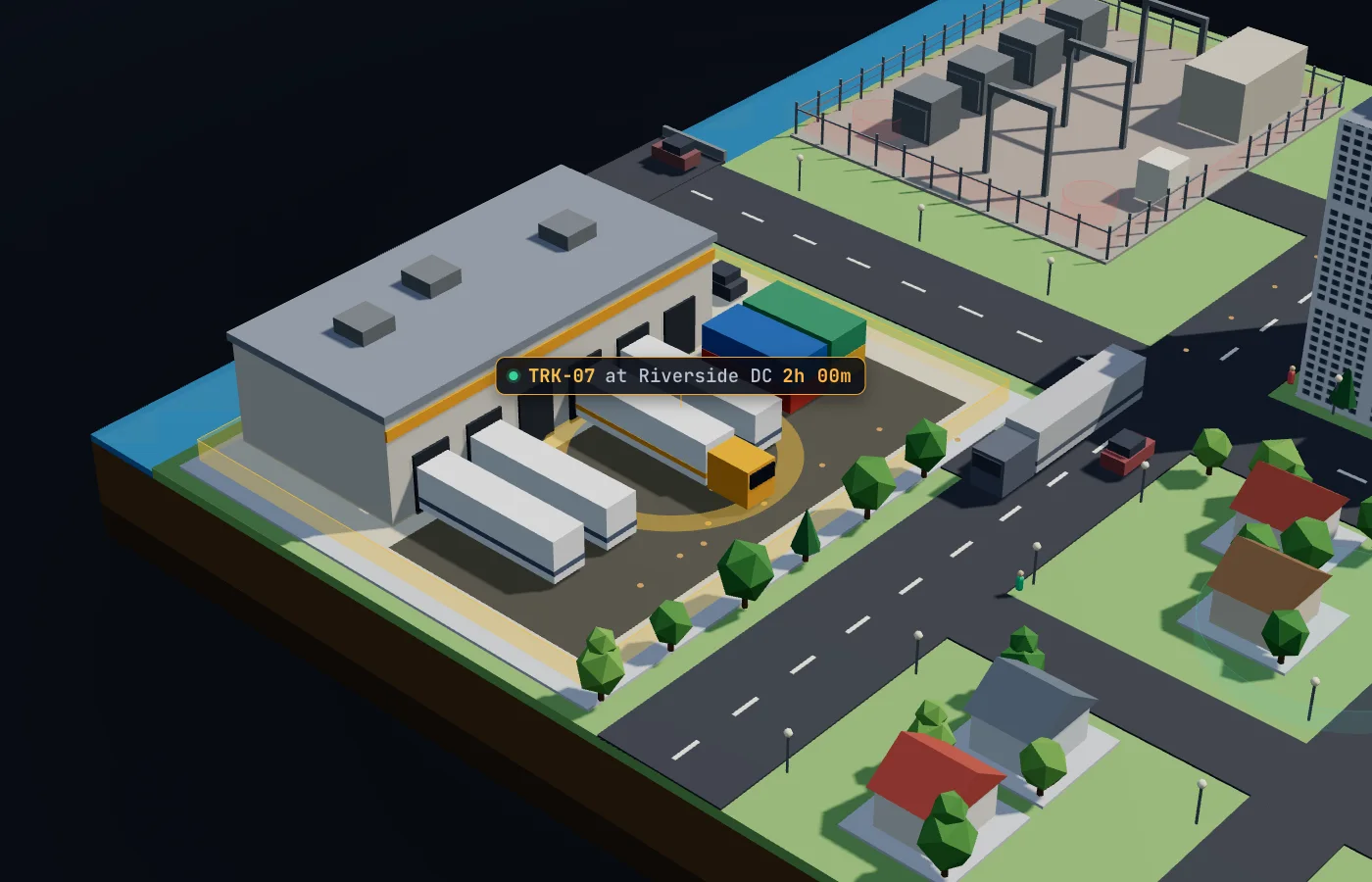 The distribution center in the model city: truck TRK-07 backed into dock 4 inside the amber Riverside DC geofence, its tag reading 2h 00m at Riverside DC.